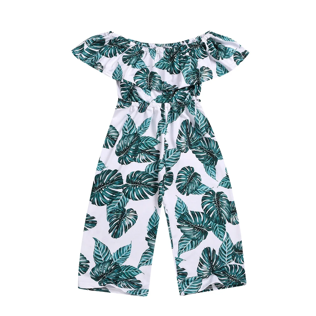 

2020 Summer Clothing Leaves Printed Off Shoulder Jumpsuit Kid Girl High Waist Wide Leg Pants suit Kids Baby Girl Romper for 3-8Y