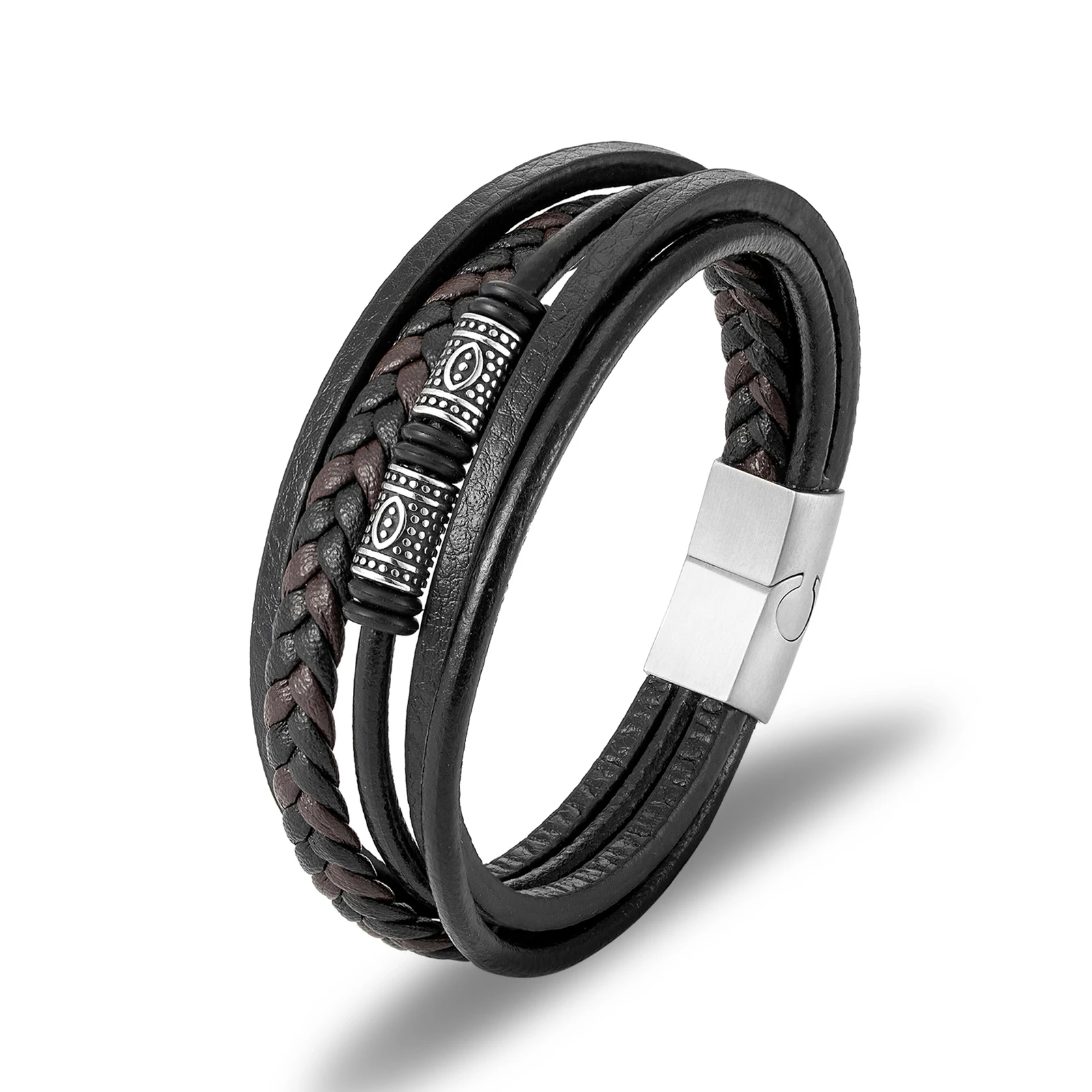 

Customized Braided Bracelet Black Leather Bracelet Bangle Men Accessories, Silver, black