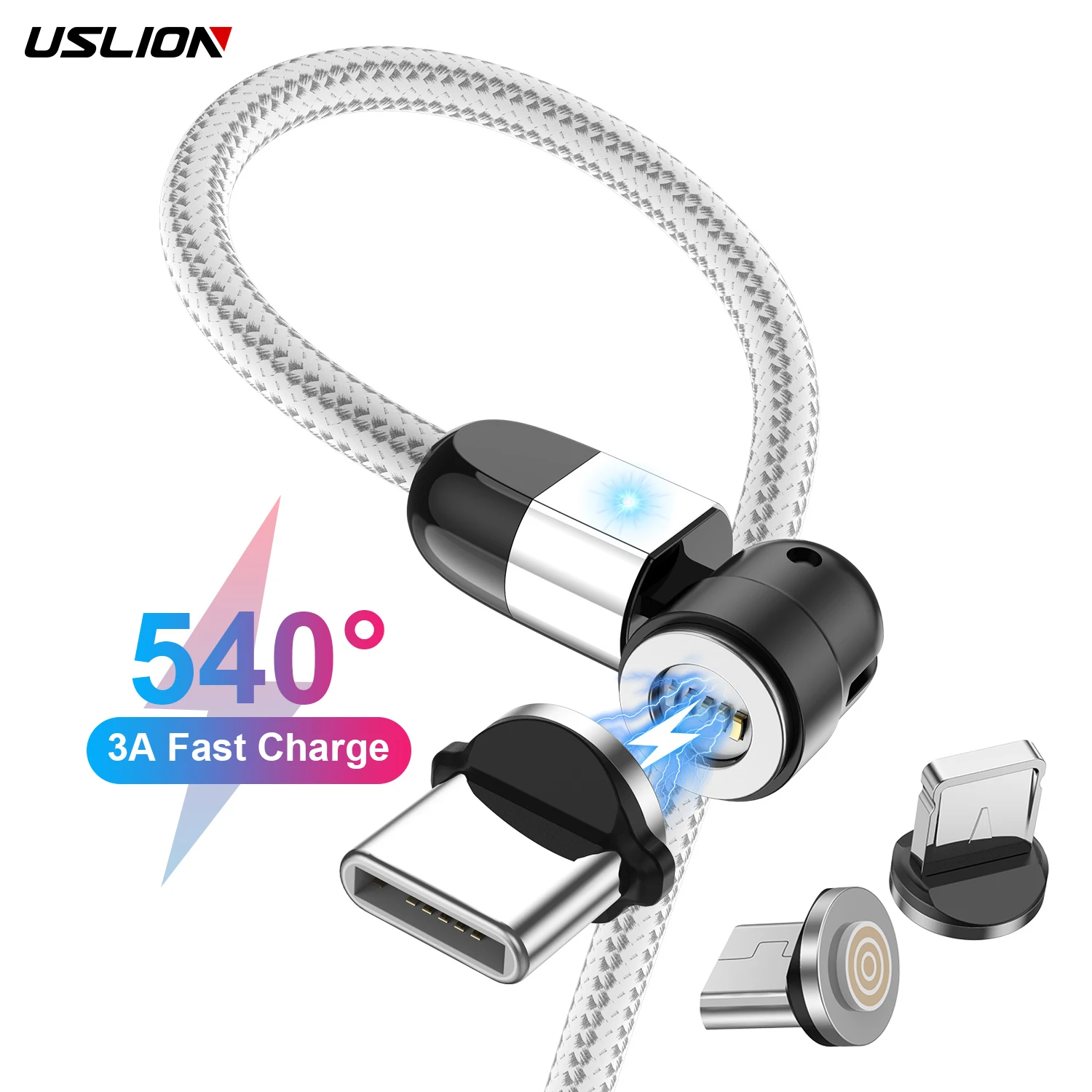 

USLION New Arrival High quality 3A Magnetic USB Cable Fast Charging Micro Type-C IOS Phone Cable magnet data cable, Black, red, silver,purple