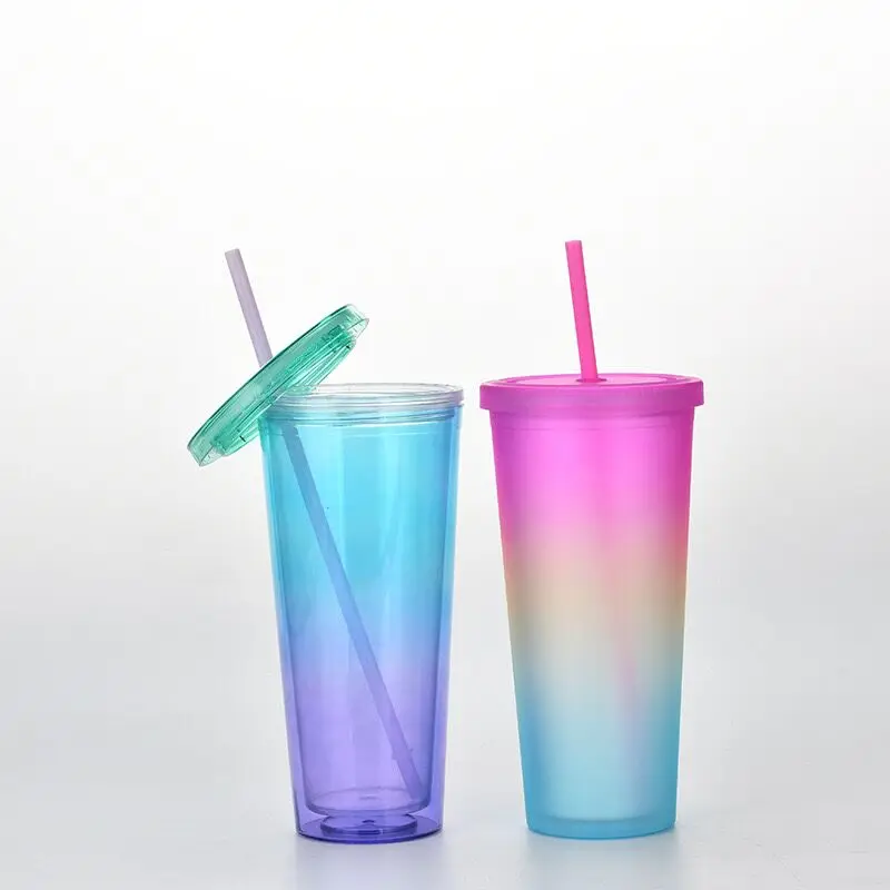 

22oz Double-layer multicolor plastic straw cup outdoor sport 2021 matte skinny plastic bottle drinking tumbler cup
