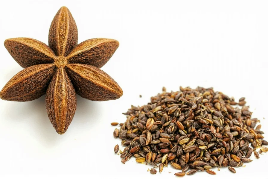 Side-by-side comparison of anise seeds and star anise pods showing visual differences