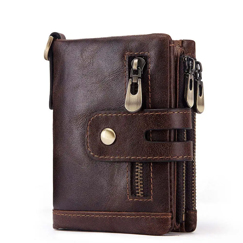 

Hot Sale RFID Blocking Luxury Purse Vintage Gents Custom Zip Mens Slim Wallet Cowhide Casual Small Mini Genuine Leather Wallets