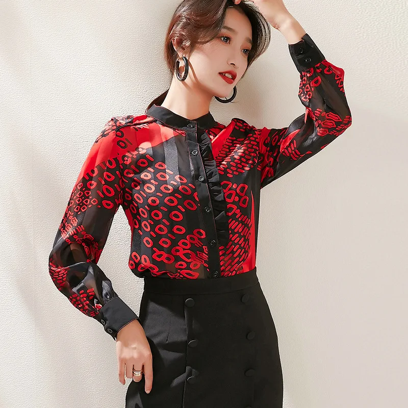 

2020 New Arrival Women floral print design Fashion chiffon ladies long sleeve top