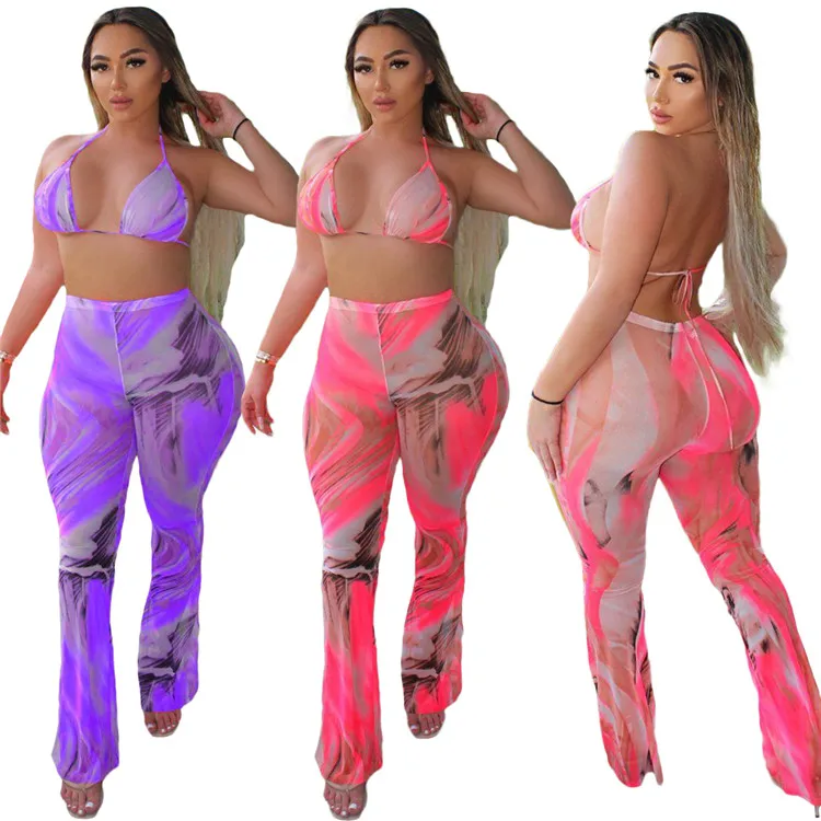 

Women Sexy Tie Dye Mesh Two Piece Set Summer Beach Backless Halter Bra Wide Leg Pants Clubwear Streetwear Bandage Outfit, As picture