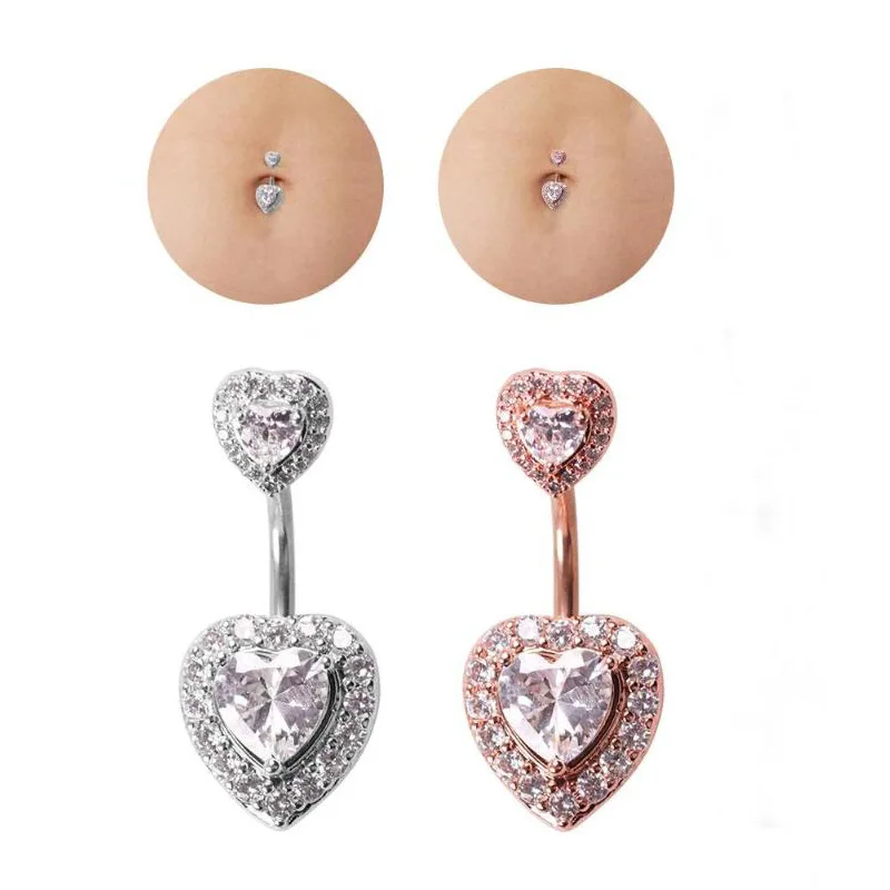 

Ruigang Silver Rose Gold Plated Medical Steel Belly Button Rings Double Heart Crystal Piercing Navel