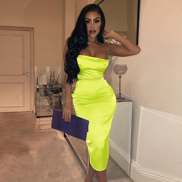 

MOQ 1PC Party Club Backless Crossed Lace Up Neon Color Satin Pencil Bodycon Dress, Pink,orange,red,green,brown,black,dark orange,light pink