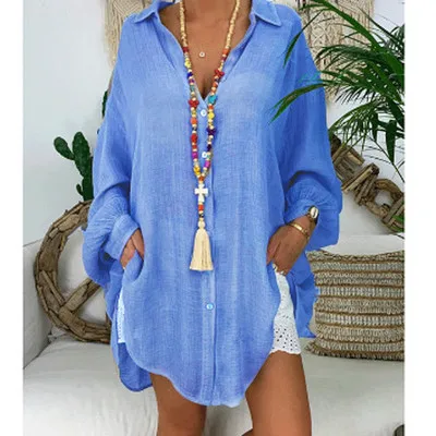 

30% Off Autumn Women's Plus Size S-5XL Shirt Long Sleeve Turn Down Collar Blouse Women Beach Style Women Chic Top