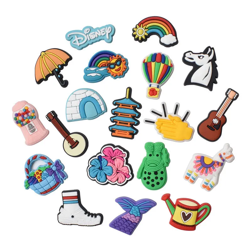 

18-19pcs a set cartoon Wholesale PVC Clog Shoe Decorations Charms Amazon Soft Rubber Shoe croc Charms As a gift for the child, As picture