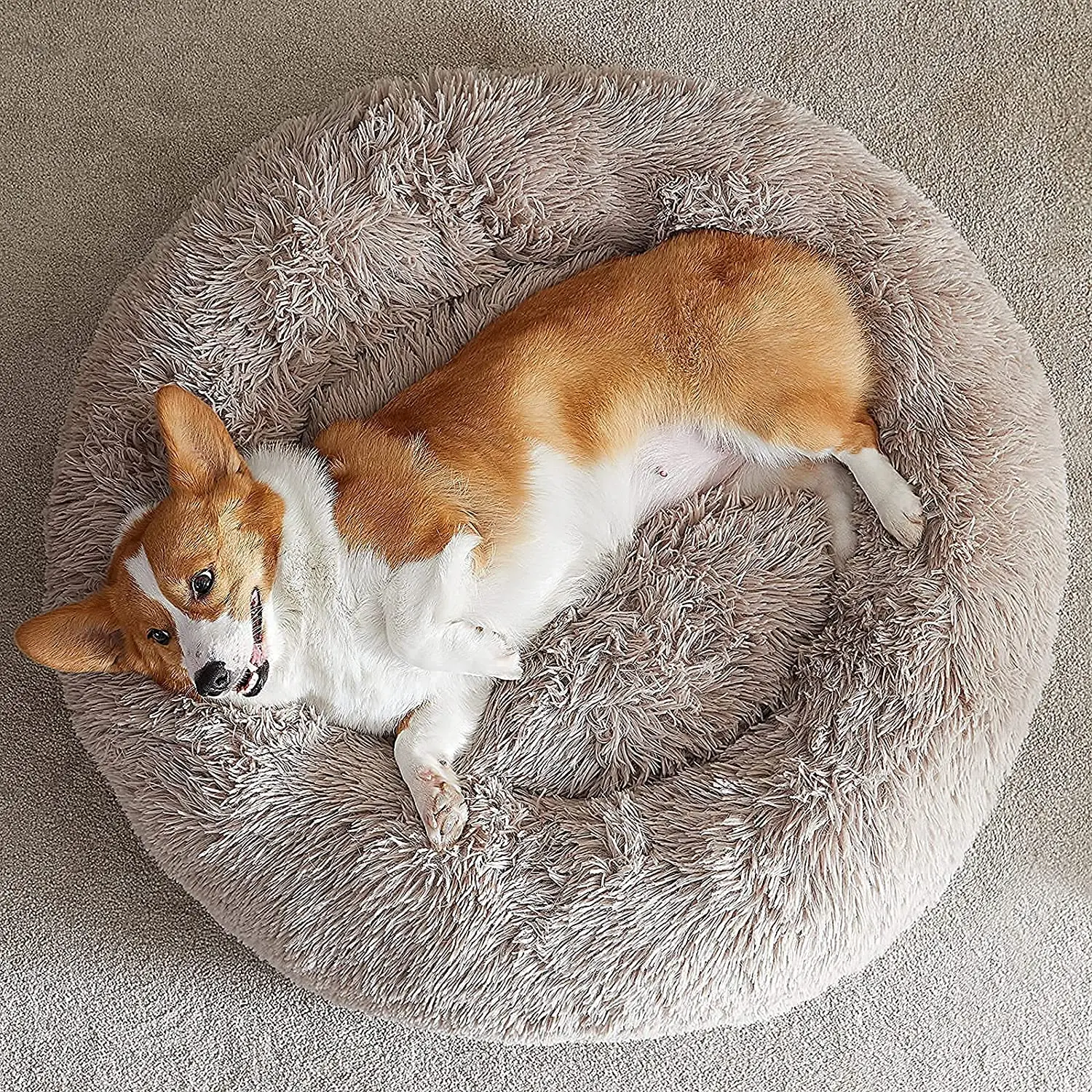 

60cm Amazon Hot Selling Plush Pet Cat Fluffy Soft Faux Fur Waterproof Washable Calming Donut Cuddler Dog Donut Bed, Multiple colour