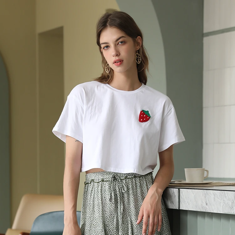 

Women clothing Summer Short sleeve cropped tshirts drop shoulder strawberry embroidery casual t shirt for women
