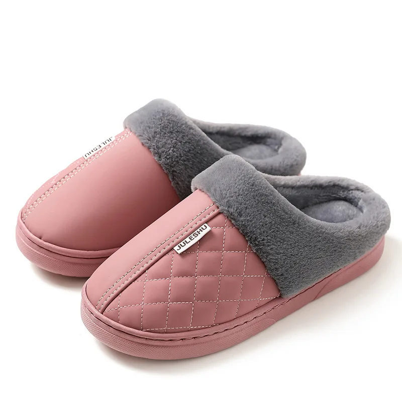 

PU Leather Waterproof Indoor Warm Cotton Slippers Fashionable Warm and Comfortable Cotton Slippers for Men and Women