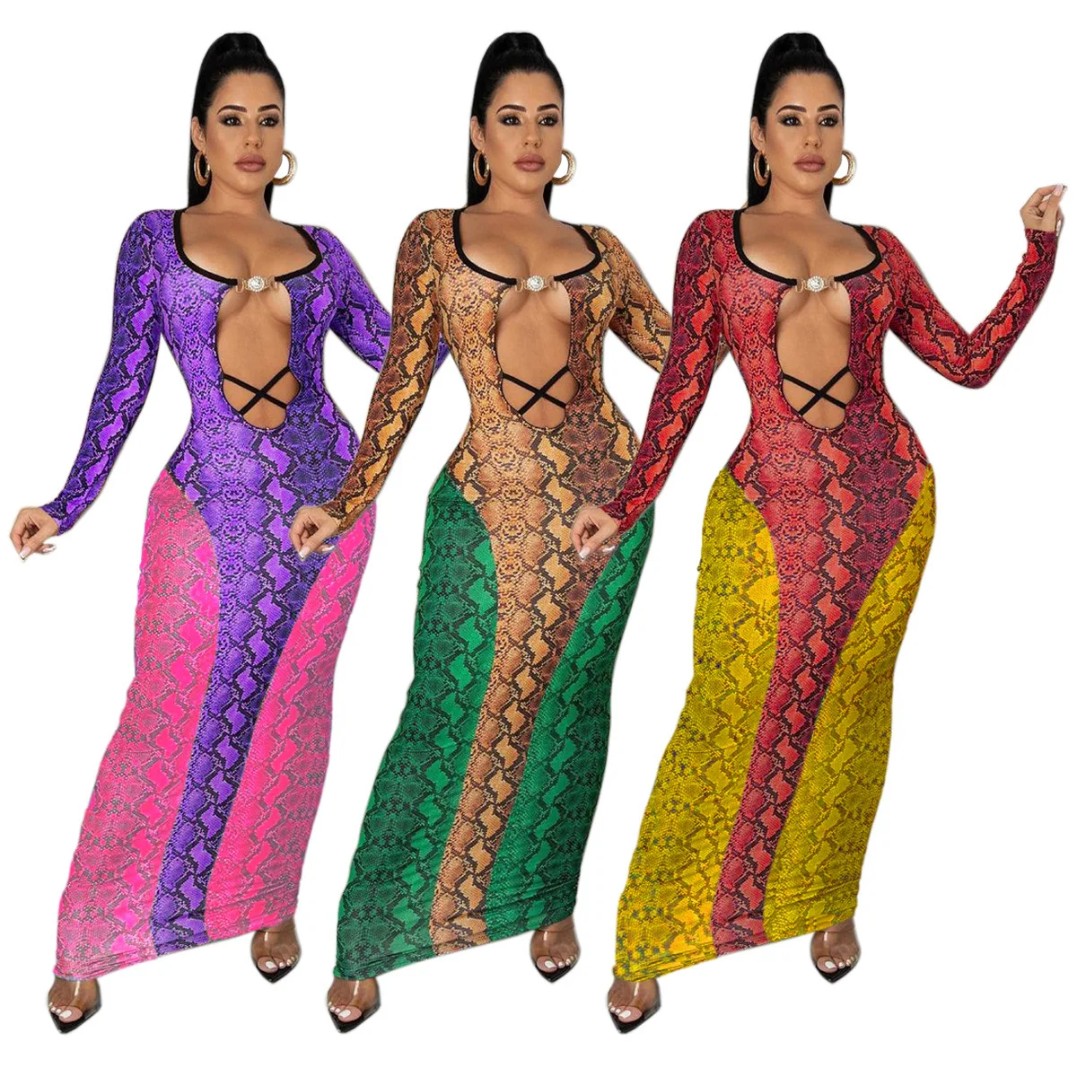 

wholesale high quality V neck full sleeves hollow out elegant dresses ladies sexy snake-printed womens dresses and skirts, Purple/green/yellow