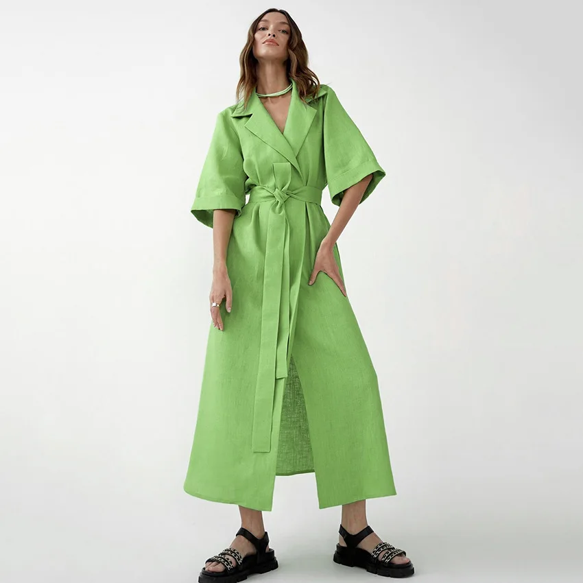 

2022 summer new French fashion casual women's clothing cotton linen slit design sense A-line skirt suit collar dress