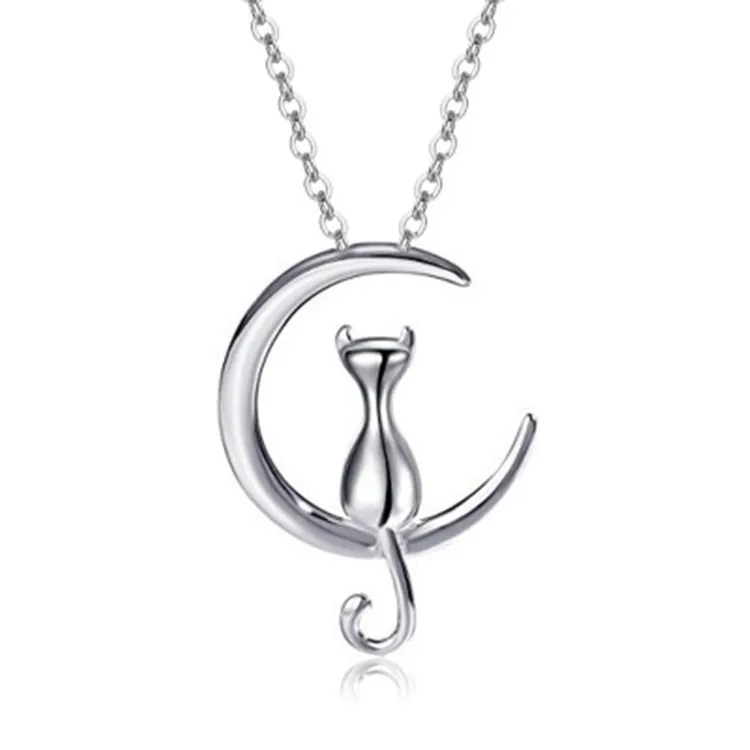 

Korean Style Birthday Gift Cat Moon Necklace 925 Sterling Silver Cat Necklace Pendant, Picture