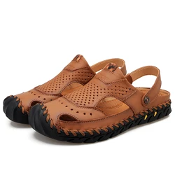 Men Retro Style Sandals Slip On Clog Outdoor Cattle Hide Leather Slippers Beachwear Slides