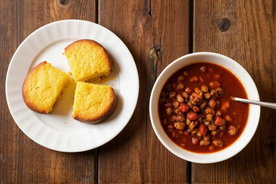Homemade cornbread served alongside a bowl of chili on a rustic wooden table