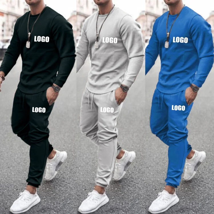 

5XL 2021 Custom Logo Spring Autumn Men Sweatsuit Sets Bulk Round Neck Drawstring Youth Casual Two Piece Pants Set Men