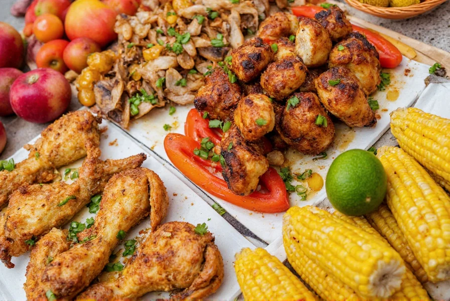 Colorful display of various dishes seasoned with chili lime including grilled chicken, fresh fruit, and street corn