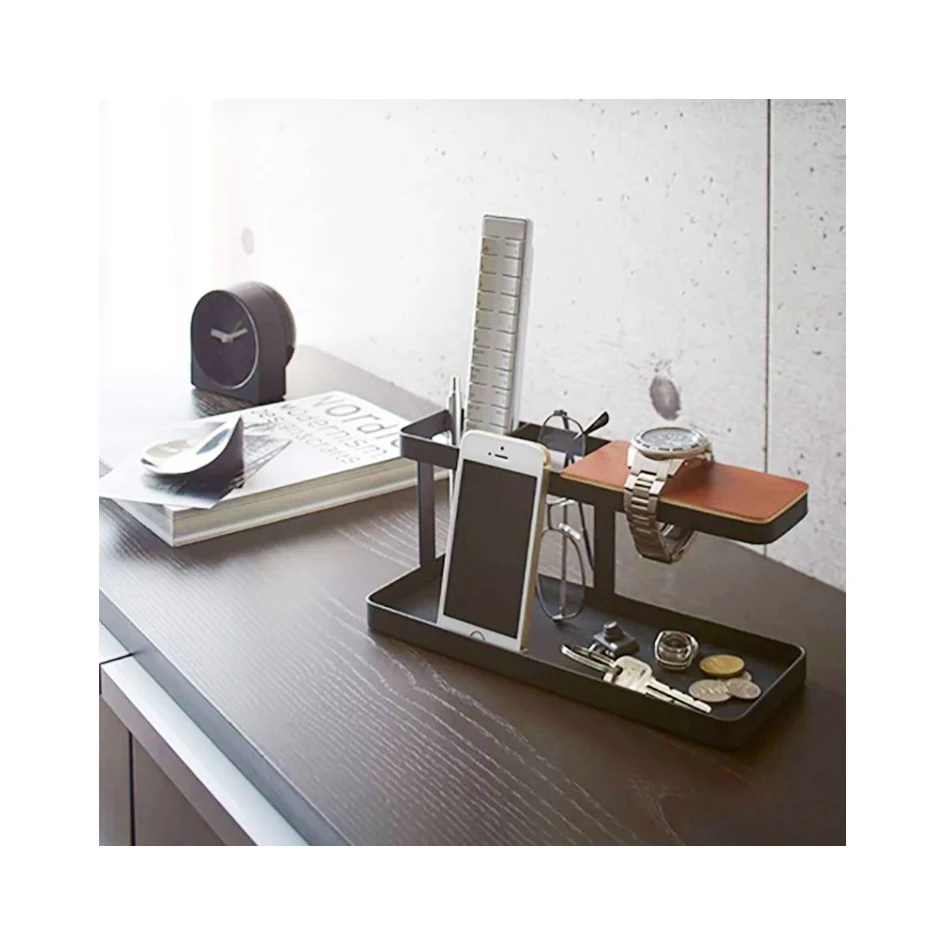 

Hot sale on Amazon Desktop double stand iron and wooden watch remote control storage rack