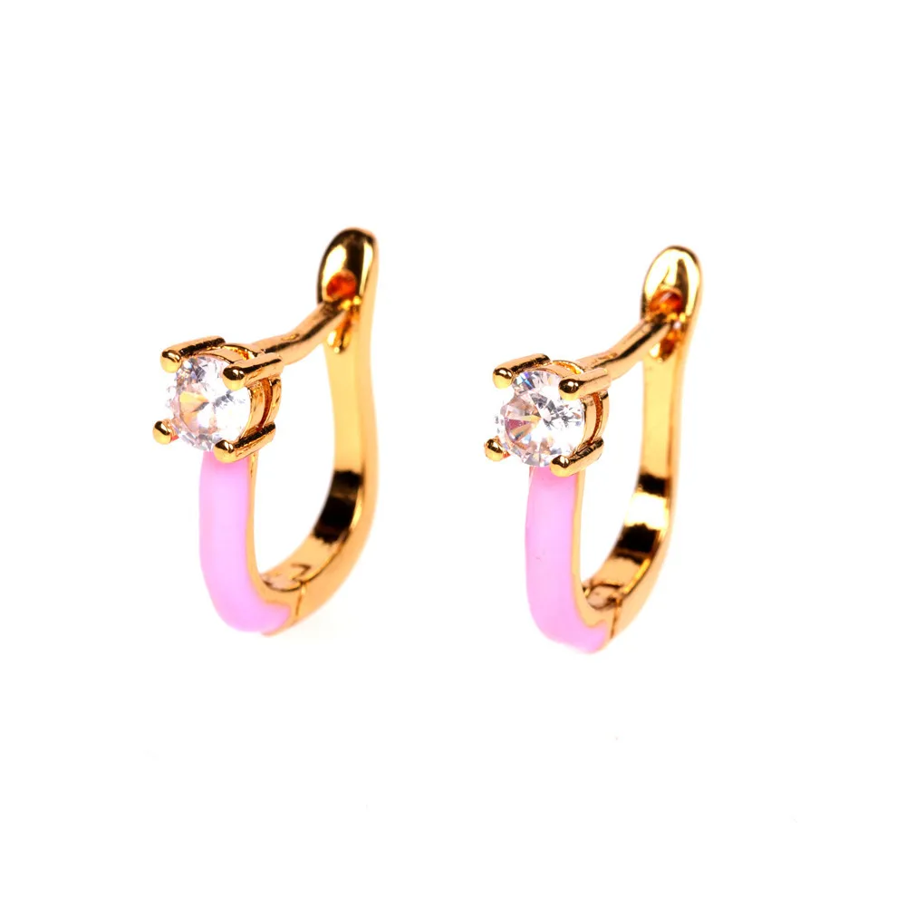 

Best Selling Real 24K Gold Plated Zirconia Pave Geometric Earrings Pink Oil Dropping U Shape Earring For Party