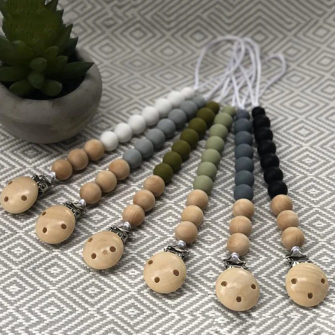 

Food Grade Silicone Wood Beads Dummy Pacifier Chain Clip Baby Teething Soother Holder