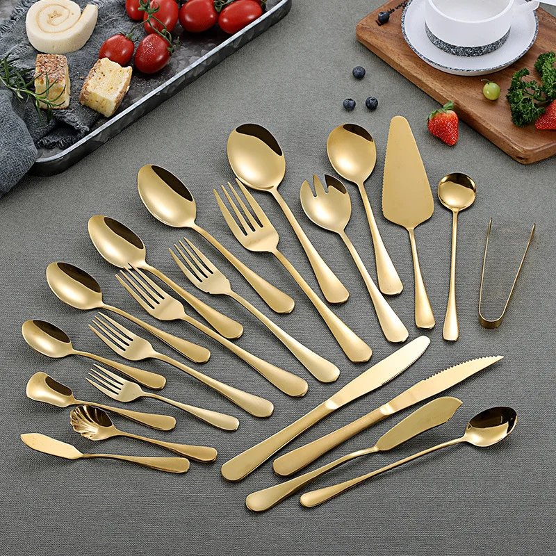 

Wholesale 128-piece reusable stainless steel cutlery set knife chopsticks fork spoon golden cutlery set with wooden box