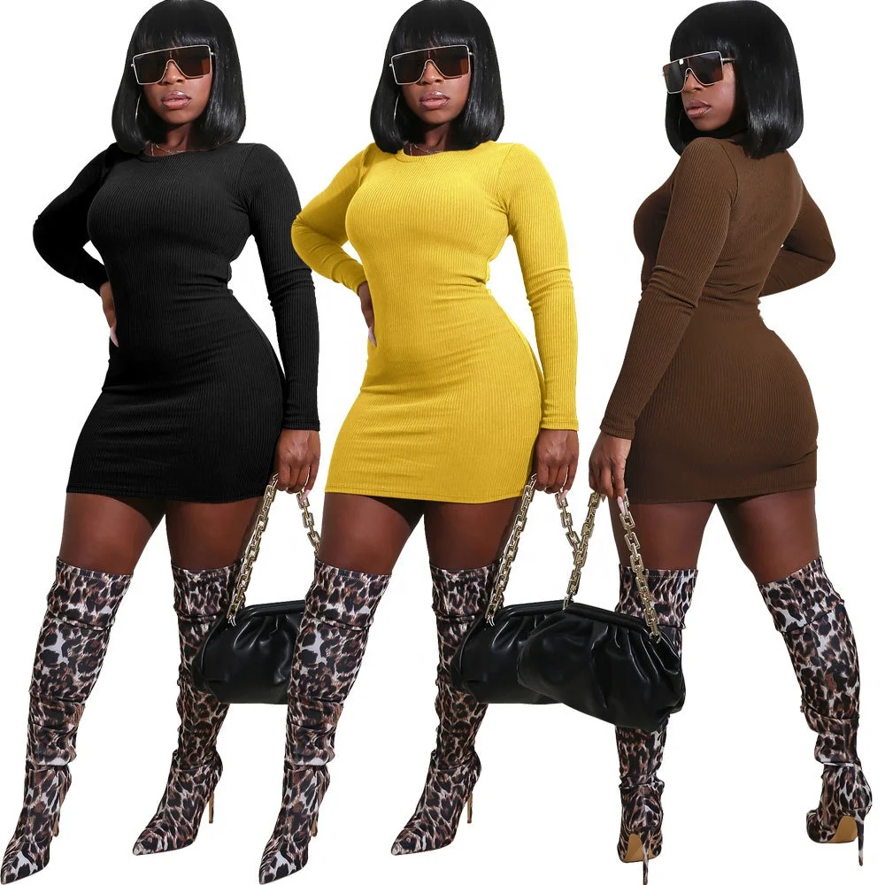 

DLL 2592 Lasted fashion long sleeve rib sexy tight dress solid color dresses women lady, As picture or customized make
