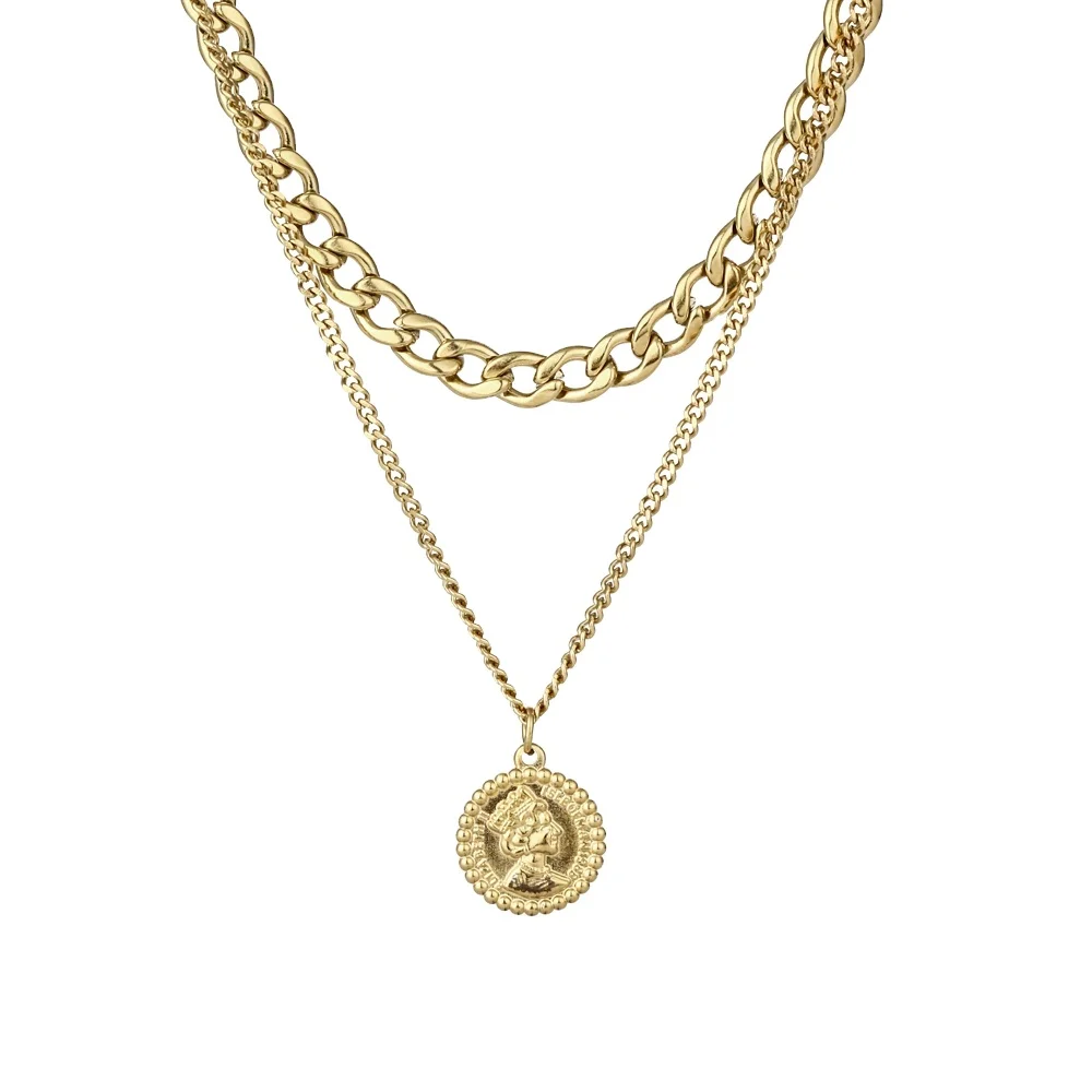 

Golden Queen Coin Pendant Stainless Steel 14K Gold Plated Double Layered Chain Choker Necklace