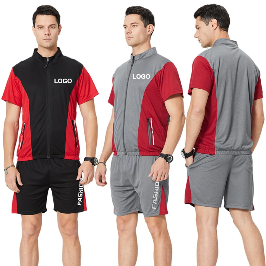 

2021 fashion summer men color block zipper top and shorts sport jogger jogging two piece short sets, 2 colors or oem color