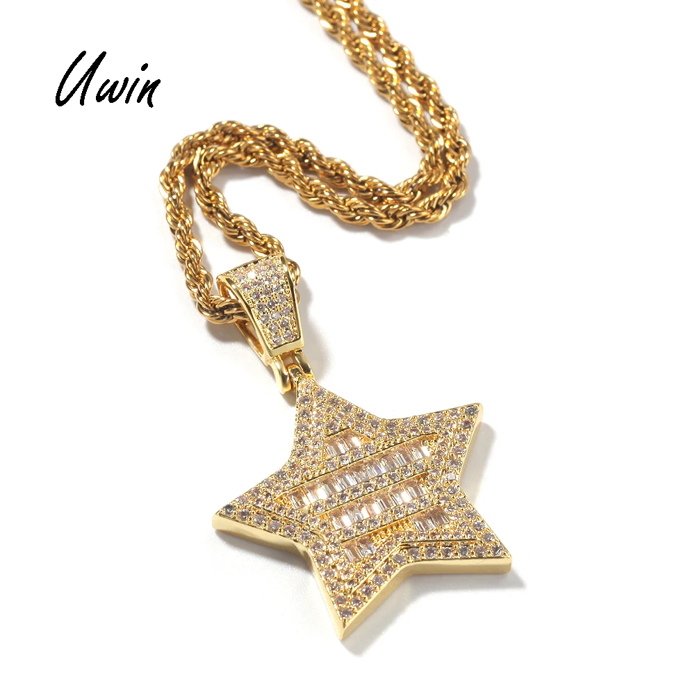 

Hip Hop Baguette Star Pendant Gold Plated Pentagram CZ Bling Bling Mens Iced Out Gift Jewelry, Multi-colors, gold and platinum plating