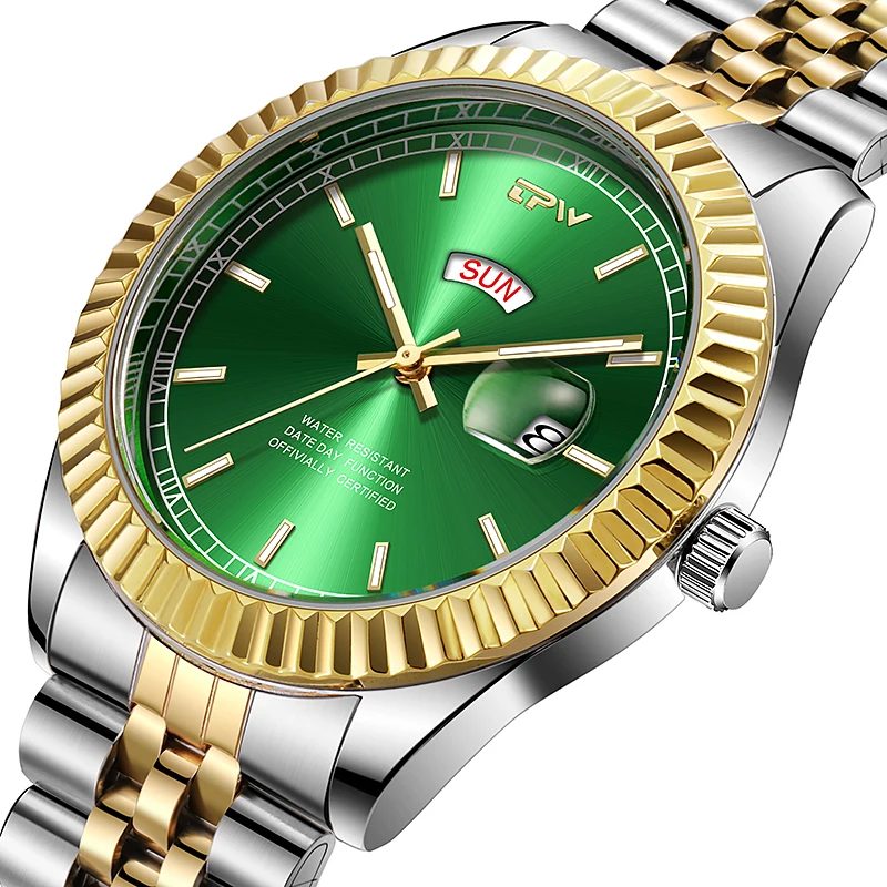 

bulk wholesale watches for men luxury green calendar week display steel mens watch reloj para hombre