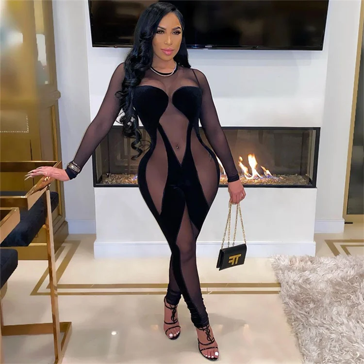 

plus size women'sMesh stitching see-through sexy nightclub long-sleeved jumpsuit SF5024