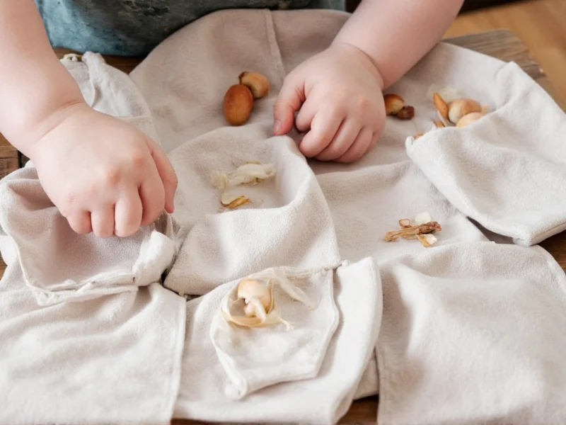 Child's hands placing natural items into fabric advent calendar pouches