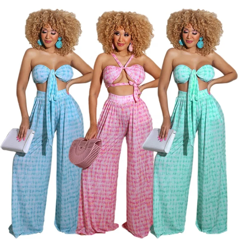 

MT371-005 2021 wholesale ladies hot sale sleeveless loose ladies sexy straight pants suit 2 piece set women