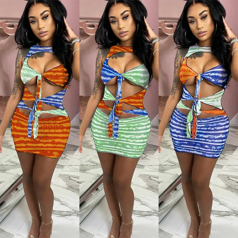 

G8107 - women fashion sexy sleeveless hollow out contrast color mini dress