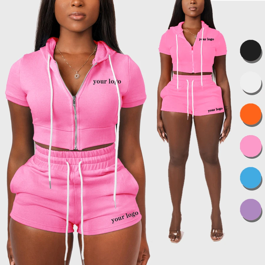 

Custom Logo Women's Two Piece Hoodie Short Set Women Zip Up Hooded Crop Top Hoodie Sweatshirt And Sweat Shorts