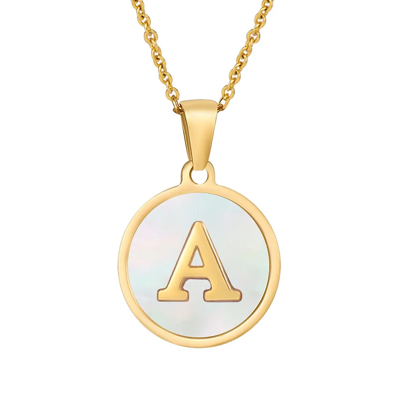 

Stainless Steel Necklace 26 Initial Alphabet Letter White Shell Round Pendant 18K Gold Plated Women Jewelry Necklaces, As shown