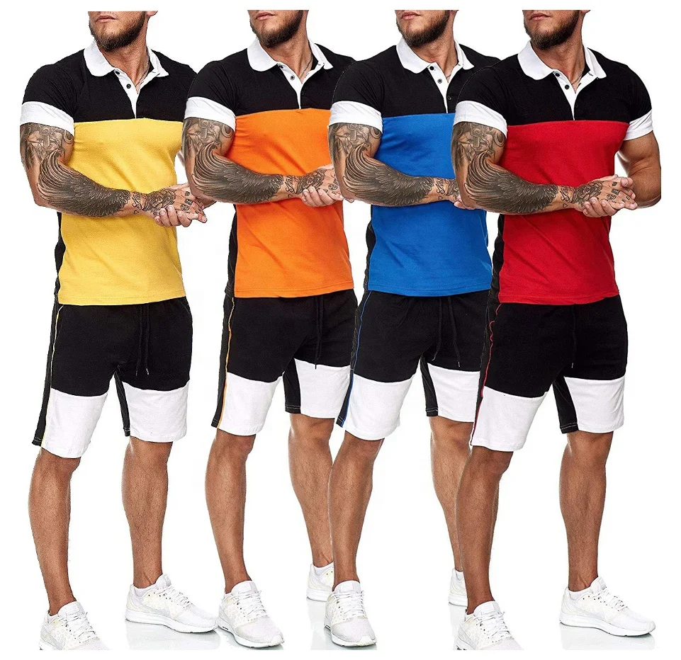 

In Stock New Design Men Polo Shirt And Short Set Short Sleeve Patchwork Casual Jogging Men's Summer Sets