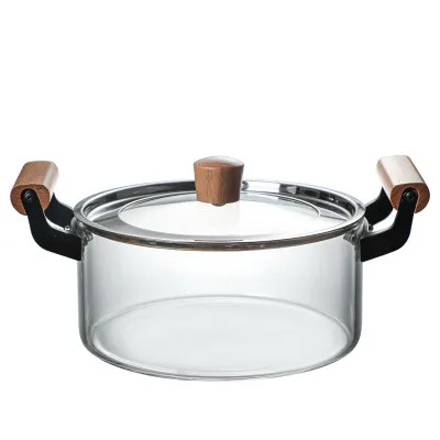 

Transparent Heat Resistant Round Pyrex Glass Casserole Soup Cooking Pot With Wooden Handles, Clear glass