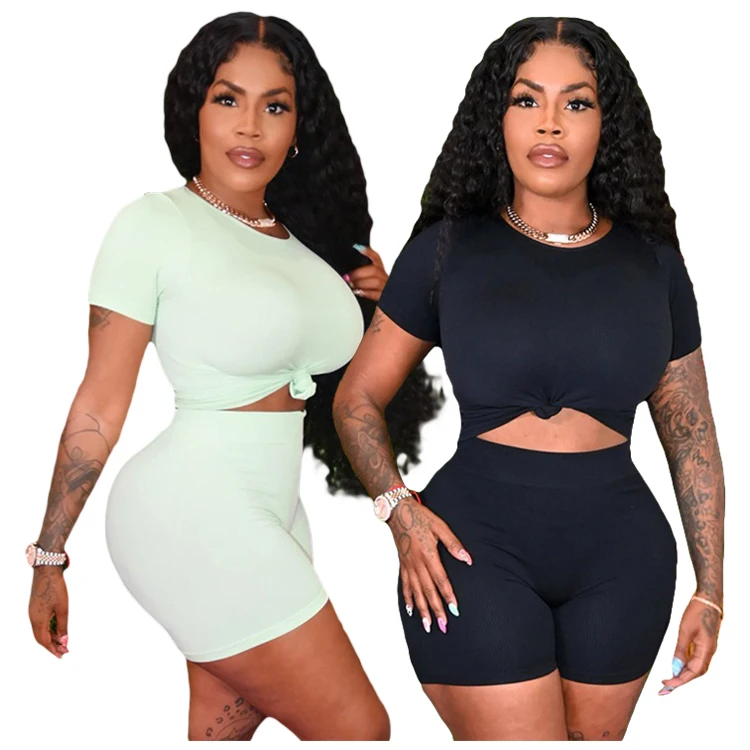 

European and American fashion women's summer new solid color round neck short sleeve T shirt slim sports shorts suit, Green,black