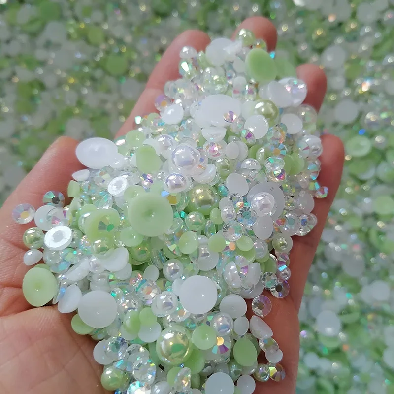 500g DIY Craft Slime 4/5/6/8/10mm Mixed Size Flat Back Green White Resin Rhinestone Acrylic Pearl Beads Loose Beads Decoration
