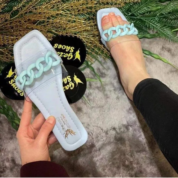 

New flat simple metal chain solid color women shoes female large size transparent out wear beach slippers, Pictures
