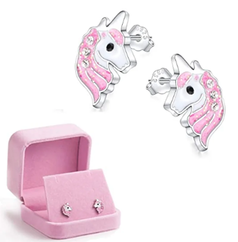 

Wholesale 925 silver light pink shiny zircon unicorn hypoallergenic earrings