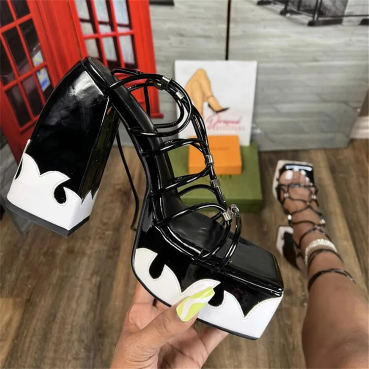 

BUSY GIRL AB4678 Block Heels For Ladies Sandals Lace Up Platform Sandals For Women High Heel shoes Goth Heeled Sandals