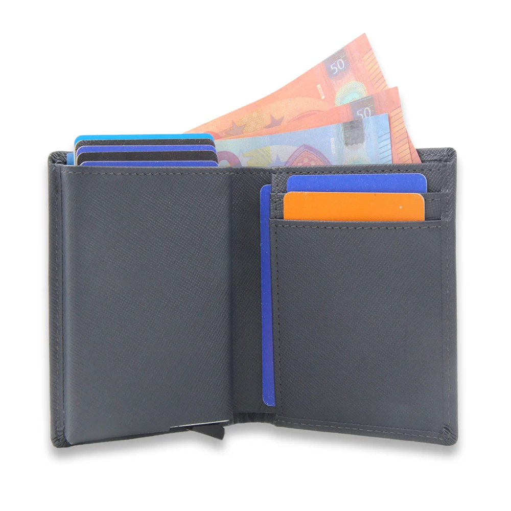 

RFID Blocking Pop Up Card Holder Aluminum Card Case Slim Leather Wallet
