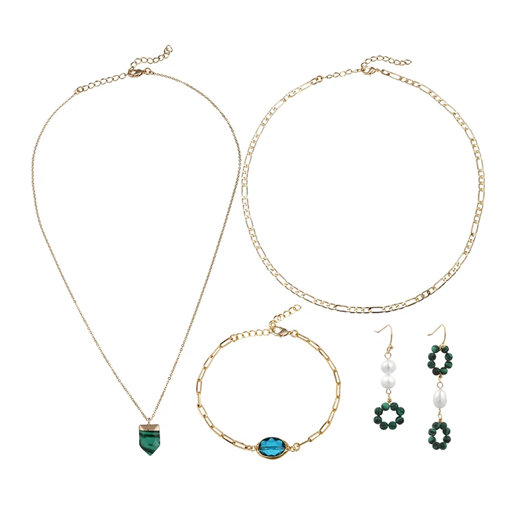 

Fashion Real Pearl Jewelry Set Glass Copper Women Malachite Choker Pendant Necklaces and Earrings Sets with Stone Pendant, As picture