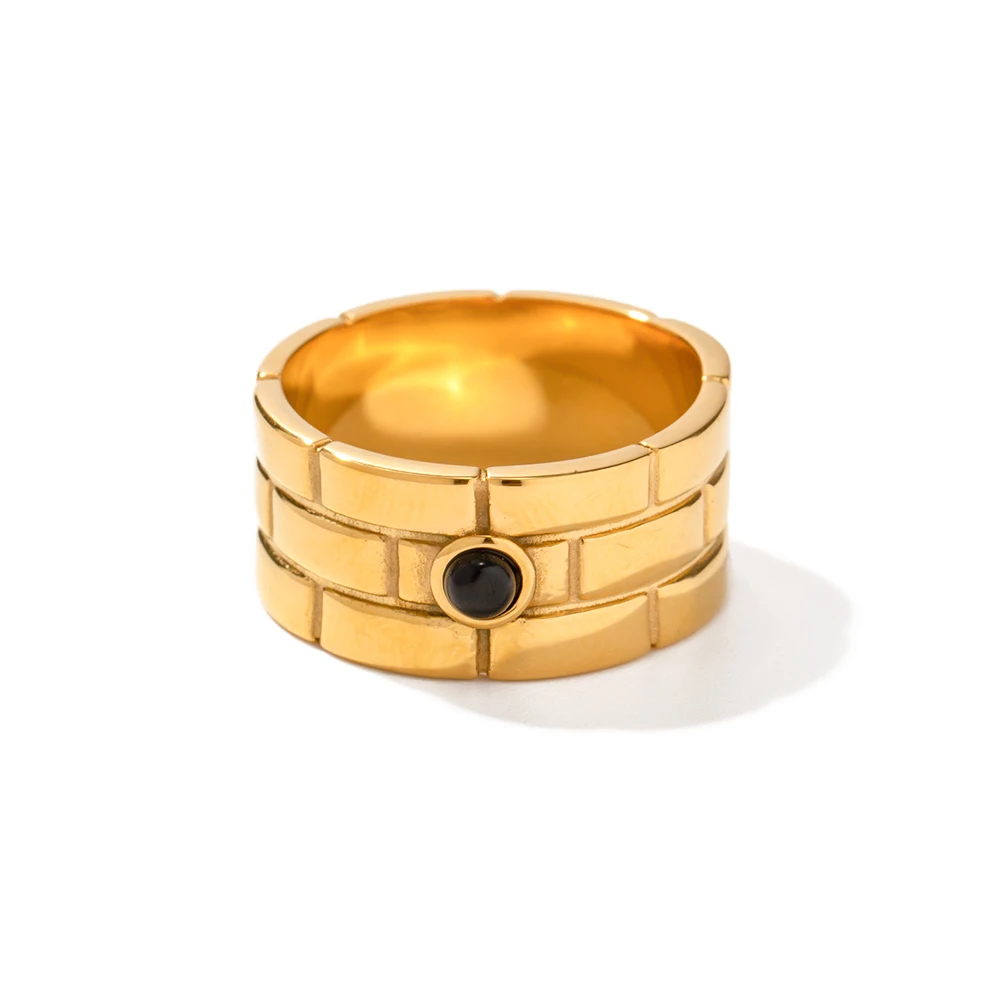 

Wide Black Onyx Stone Ring 18k PVD Stainless Steel Texture Band Chunky Ring Gorgeous Gold For Women