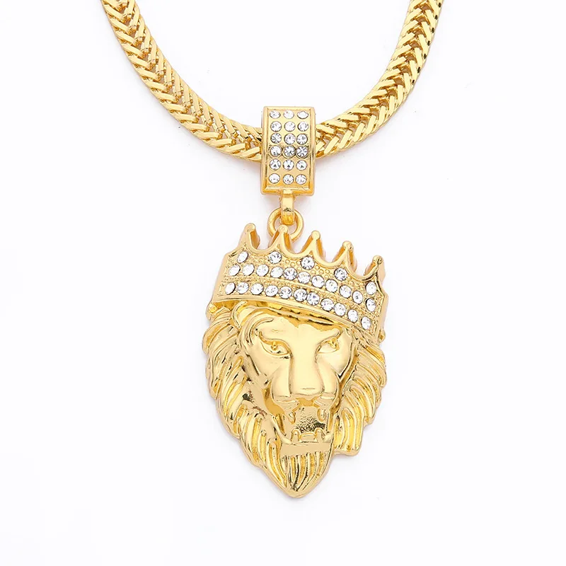

New Punk Fashion Hip Hop Jewelry Curb Cuban Chain Stainless Steel Crown Lion Head Iced Out Clear Rhinestones Pendant Necklace