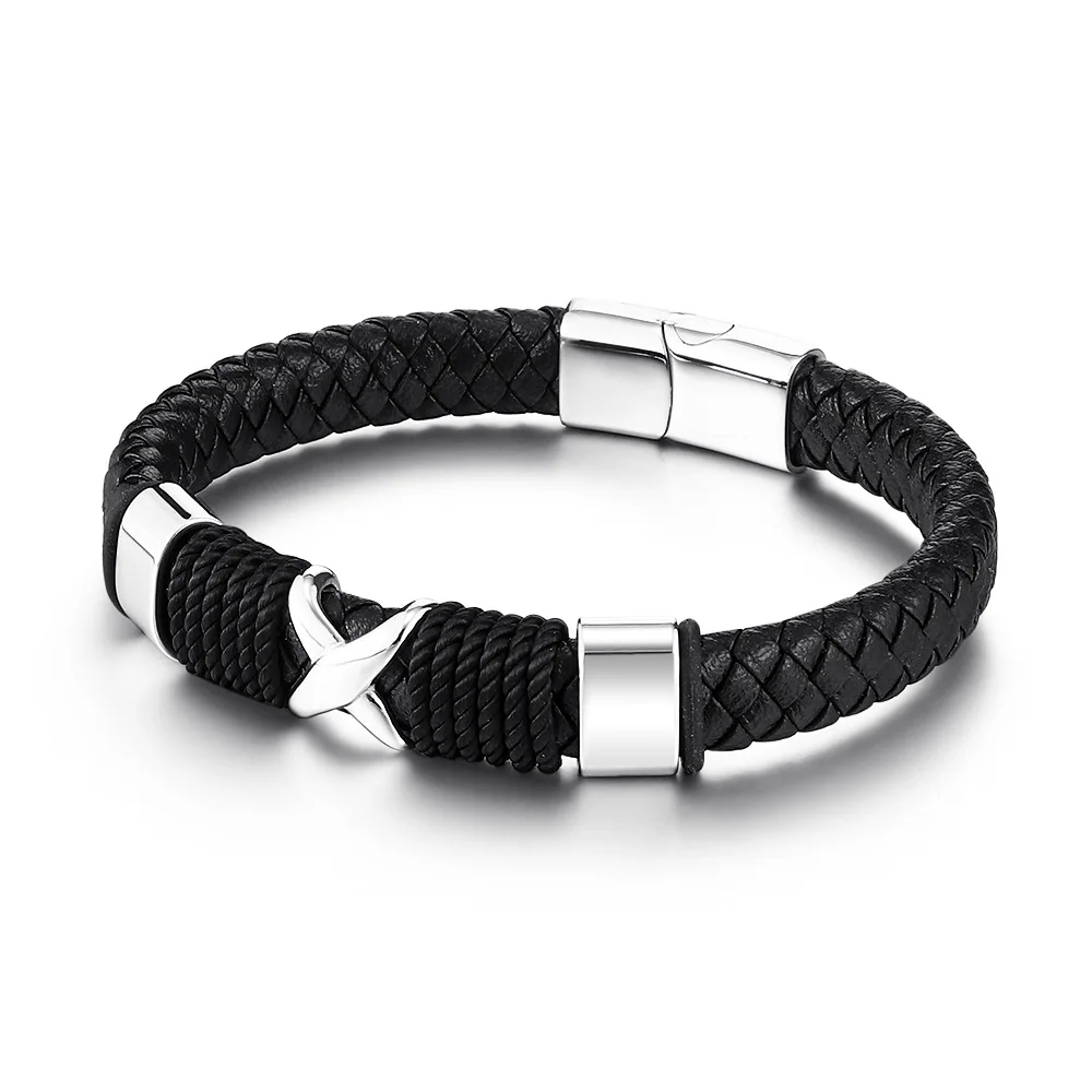 2023 commuting titanium steel handmade woven stainless steel punk bracelet for men simple leather bracelet