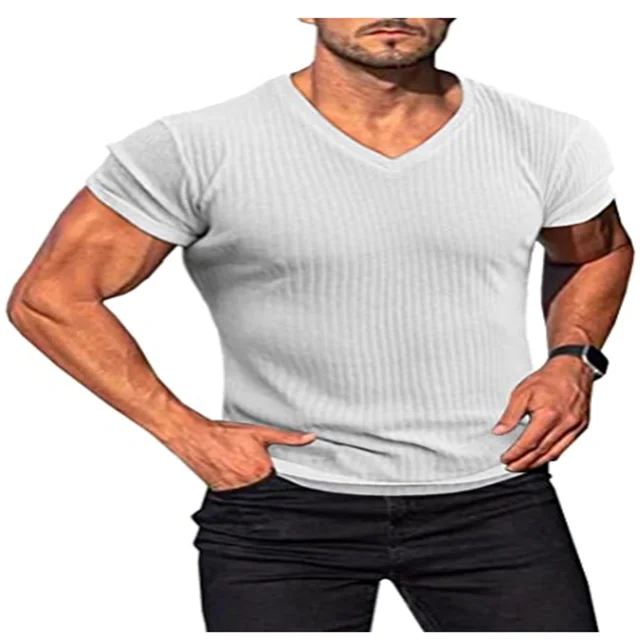 

hot sale spring v-neck Casual Basic Summer Solid color men's knitted sweaters short sleeves t-shirt top